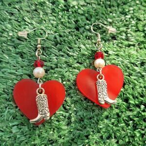 Hand-made Red Heart Cowboy Boot Earrings 925 Ear hooks